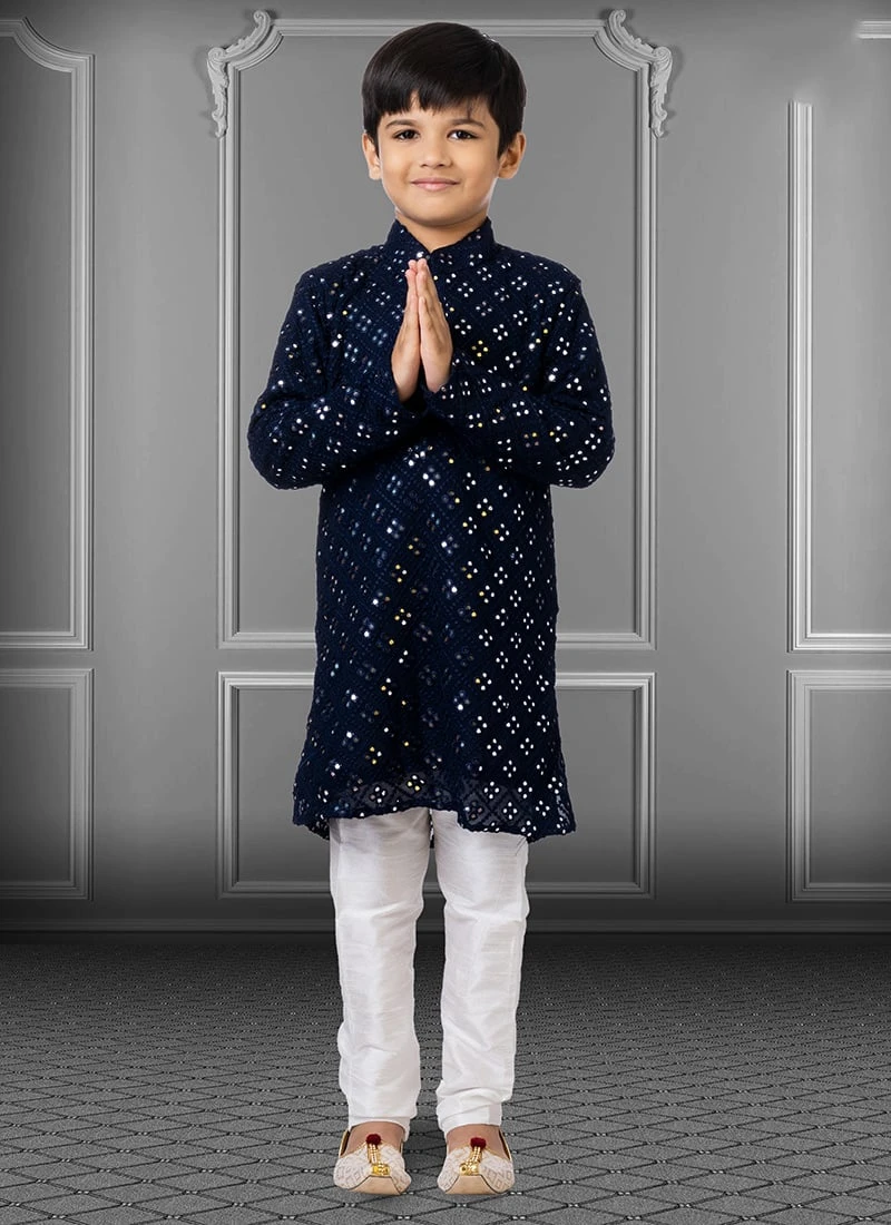Navy Blue Georgette Embroidered Boys Kurta Pyjama Party Wear 2 Navy Blue Georgette Embroidered Boys Kurta Pyjama Party Wear - Image 2