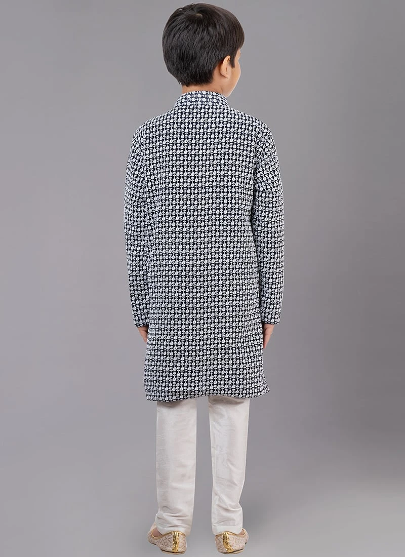 Navy Blue Georgette Embroidery Kids Kurta Pyjama Party Wear 3 Navy Blue Georgette Embroidery Kids Kurta Pyjama Party Wear - Image 3