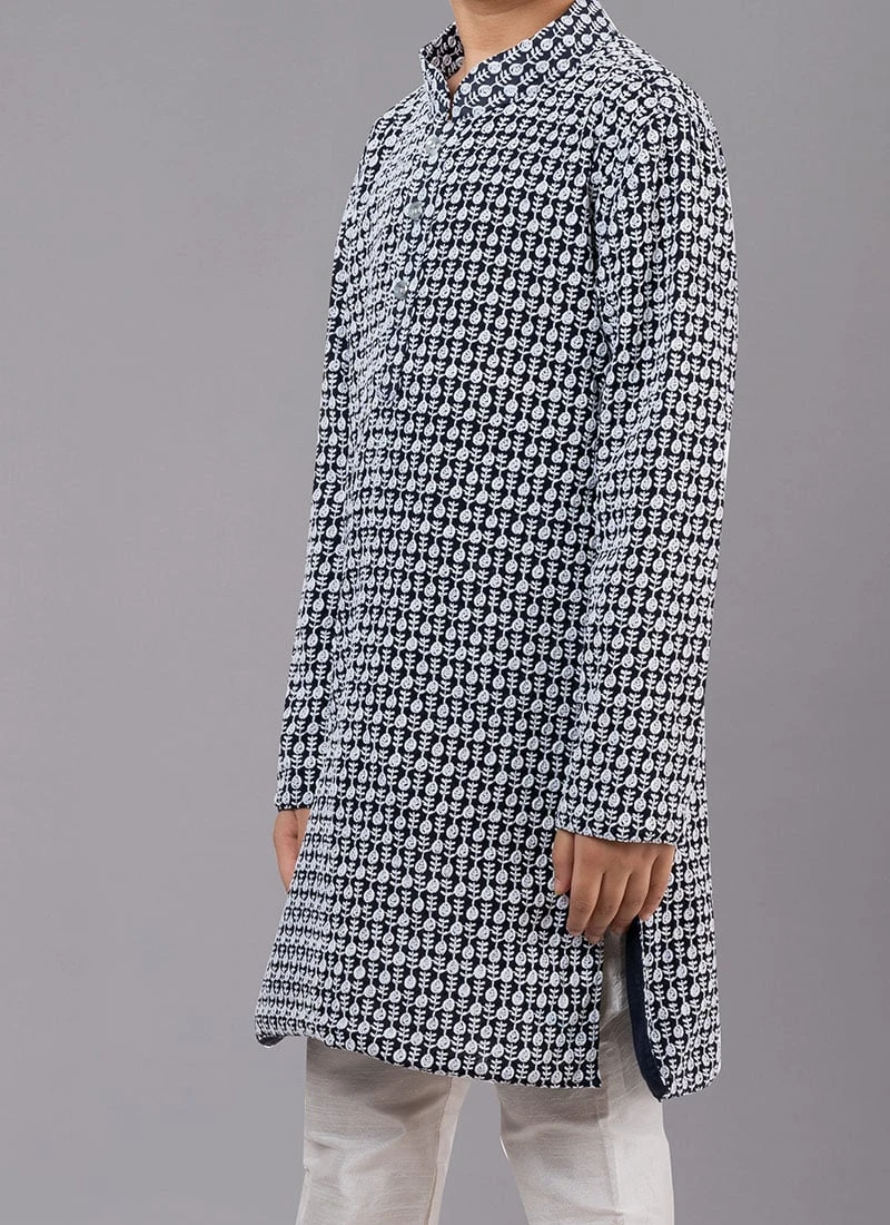 Navy Blue Georgette Embroidery Kids Kurta Pyjama Party Wear 1 Navy Blue Georgette Embroidery Kids Kurta Pyjama Party Wear