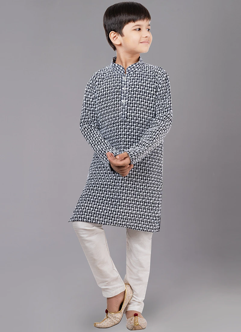 Navy Blue Georgette Embroidery Kids Kurta Pyjama Party Wear 2 Navy Blue Georgette Embroidery Kids Kurta Pyjama Party Wear - Image 2