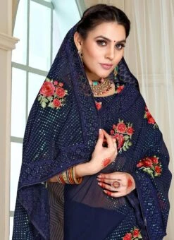 Navy Blue Georgette Embroidery N Sequins Saree Party Wear -C Bazaar Shop navy blue georgette embroidery n sequins saree sasuni1663 b