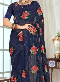 Navy Blue Georgette Embroidery N Sequins Saree Party Wear