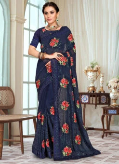 Navy Blue Georgette Embroidery N Sequins Saree Party Wear -C Bazaar Shop navy blue georgette embroidery n sequins saree sasuni1663 u