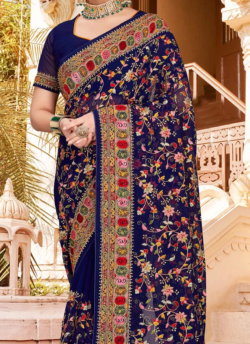 Navy Blue Georgette Embroidery Saree Party Wear 1 Navy Blue Georgette Embroidery Saree Party Wear