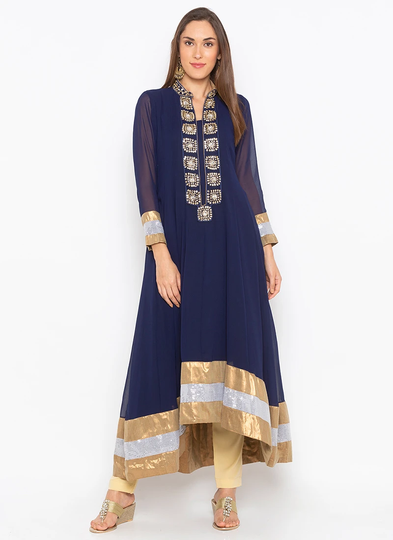 Navy Blue Georgette Stones Work Kurta Straight Pant Set Party Wear 3 Navy Blue Georgette Stones Work Kurta Straight Pant Set Party Wear - Image 3