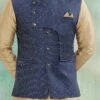 Navy Blue Heavy Satin Printed Nehru Jacket