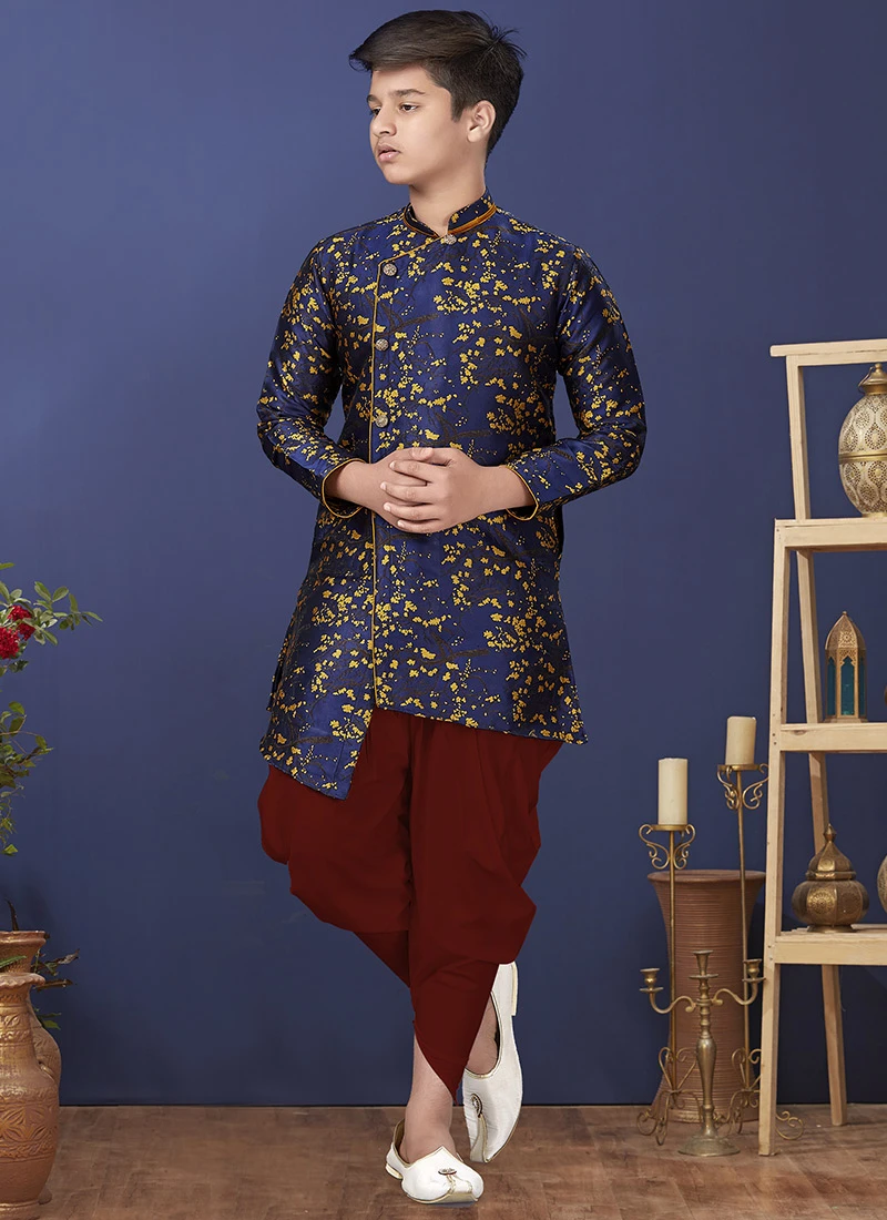 Navy Blue Heavy Silk Indowestern Sherwani Wedding Wear 2 Navy Blue Heavy Silk Indowestern Sherwani Wedding Wear - Image 2