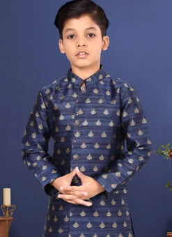 Navy Blue Jacquard Silk Boys Classic Sherwani Party Wear 5 Navy Blue Jacquard Silk Boys Classic Sherwani Party Wear -C Bazaar Shop navy blue jacquard silk boys classic sherwani kdbkvs647 b