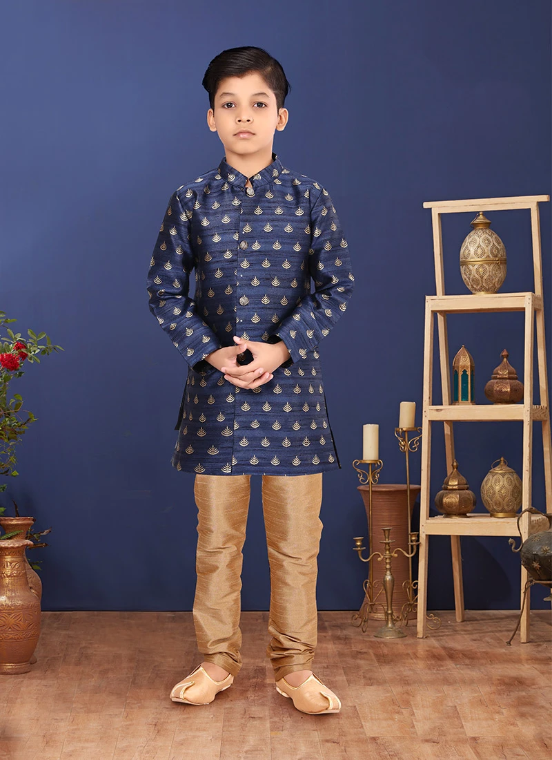 Navy Blue Jacquard Silk Boys Classic Sherwani Party Wear 2 Navy Blue Jacquard Silk Boys Classic Sherwani Party Wear - Image 2