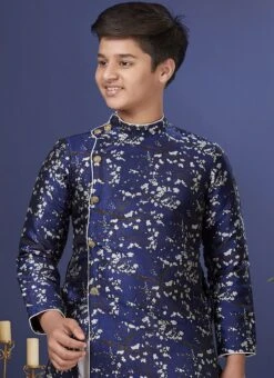 Navy Blue Jacquard Silk Boys Indowestern Sherwani Party Wear -C Bazaar Shop navy blue jacquard silk boys indowestern sherwani kdbkvs501 b