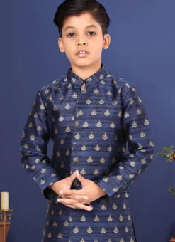 Navy Blue Jacquard Silk Boys Indowestern Sherwani 5 Navy Blue Jacquard Silk Boys Indowestern Sherwani -C Bazaar Shop navy blue jacquard silk boys indowestern sherwani kdbmvs647 b