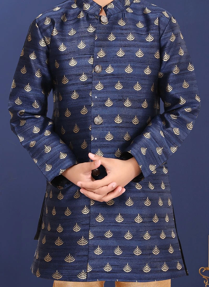 Navy Blue Jacquard Silk Boys Indowestern Sherwani 1 Navy Blue Jacquard Silk Boys Indowestern Sherwani