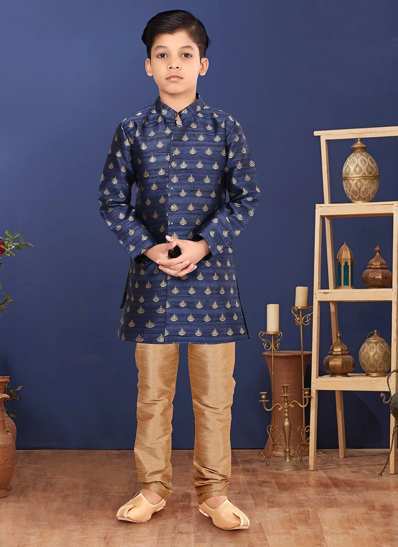 Navy Blue Jacquard Silk Boys Indowestern Sherwani 2 Navy Blue Jacquard Silk Boys Indowestern Sherwani - Image 2