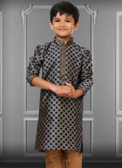 Navy Blue Jacquard Silk Boys Kurta Pyjama Party Wear -C Bazaar Shop navy blue jacquard silk boys kurta pyjama kdbkvs688 b