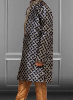 Navy Blue Jacquard Silk Boys Kurta Pyjama Party Wear
