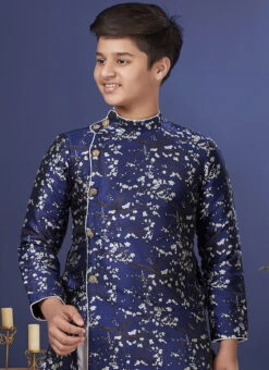 Navy Blue Jacquard Silk Indowestern Sherwani Wedding Wear -C Bazaar Shop navy blue jacquard silk indowestern sherwani kdbsrk501 b