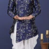 Navy Blue Jacquard Silk Indowestern Sherwani Wedding Wear
