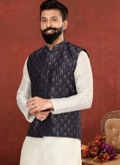 Navy Blue Jacquard Silk Jacquard Nehru Jacket -C Bazaar Shop navy blue jacquard silk jacquard nehru jacket jmvswc319 b