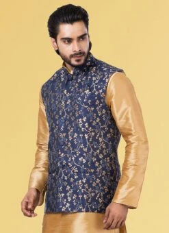Navy Blue Jacquard Silk Nehru Jacket -C Bazaar Shop navy blue jacquard silk nehru jacket jmkkvs457 b