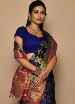 Navy Blue Kanjeevaram Silk Weaving Work Saree Festive Wear -C Bazaar Shop navy blue kanjeevaram silk weaving work saree sadsf4700 b
