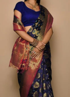 Navy Blue Kanjeevaram Silk Weaving Work Saree Festive Wear