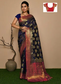 Navy Blue Kanjeevaram Silk Weaving Work Saree Festive Wear -C Bazaar Shop navy blue kanjeevaram silk weaving work saree sadsf4700 u