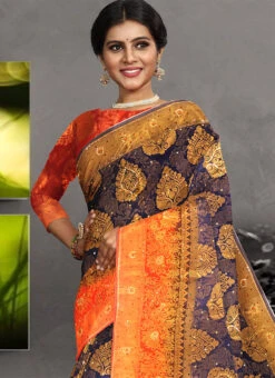 Navy Blue Kanjeevaram Silk Zari Work Saree Party Wear -C Bazaar Shop navy blue kanjeevaram silk zari work saree sadsf4876 b