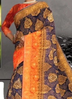 Navy Blue Kanjeevaram Silk Zari Work Saree Party Wear