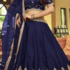 Navy Blue Lino Silk N Nylon Satin Embroidered Umbrella Lehenga Party Wear