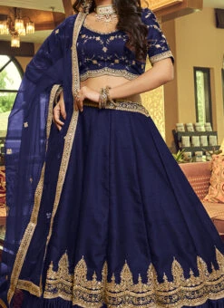 Navy Blue Lino Silk N Nylon Satin Embroidered Umbrella Lehenga Party Wear