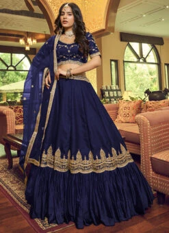 Navy Blue Lino Silk N Nylon Satin Embroidered Umbrella Lehenga Party Wear -C Bazaar Shop navy blue lino silk n nylon satin embroidered umbrella lehenga ghsira011401 u