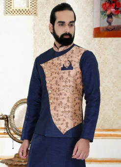 Navy Blue N Pink Art Silk Jacquard Bandhgala Jacket -C Bazaar Shop navy blue n pink art silk jacquard bandhgala jacket jmkmdcj493 b