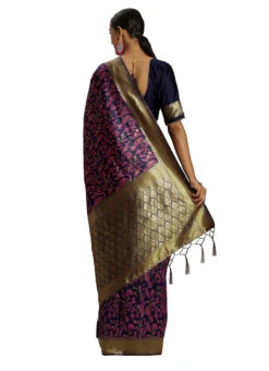 Navy Blue N Pink Banarasi Silk Zari Work Saree Festive Wear -C Bazaar Shop navy blue n pink banarasi silk zari work saree sasstsktlvn8080d b