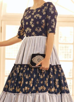 Navy Blue N White Georgette Foil Printed Anarkali Gown After Six Wear