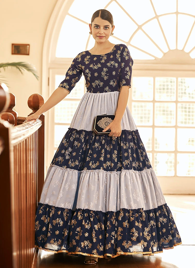 Navy Blue N White Georgette Foil Printed Anarkali Gown After Six Wear 3 Navy Blue N White Georgette Foil Printed Anarkali Gown After Six Wear - Image 3