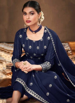 Navy Blue Rayon Embroidered N Sequins Anarkali Suit Festive Wear -C Bazaar Shop navy blue rayon embroidered n sequins anarkali suit slsak31093224 b