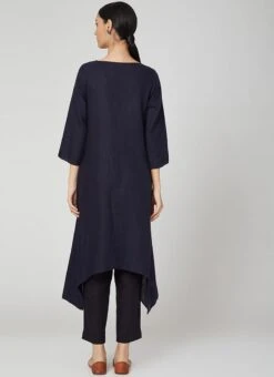 Navy Blue Rayon Slub Kurta Straight Pant Set Work Wear -C Bazaar Shop navy blue rayon slub kurta straight pant set krsdvcsvts14 b