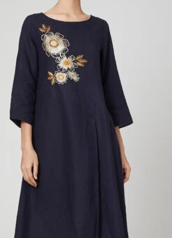 Navy Blue Rayon Slub Kurta Straight Pant Set Work Wear