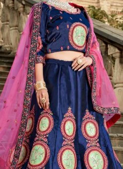 Navy Blue Satin Blend Resham Umbrella Lehenga Festive Wear