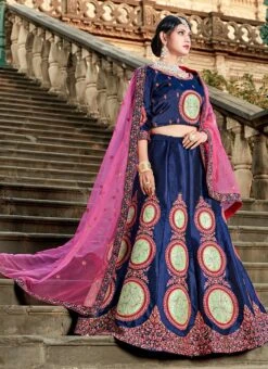 Navy Blue Satin Blend Resham Umbrella Lehenga Festive Wear -C Bazaar Shop navy blue satin blend resham umbrella lehenga ghsad1506 u