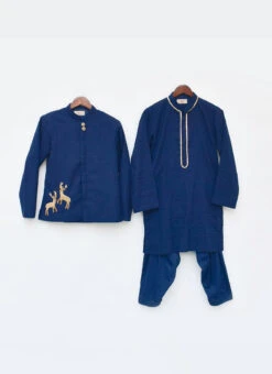 Navy Blue Self Kurta Pyjama With Jacket