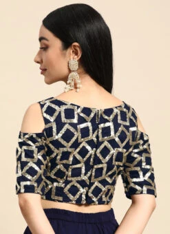 Navy Blue Sequins Net Cold Shoulder Blouse Festive Wear -C Bazaar Shop navy blue sequins net cold shoulder blouse BLBS02303764 b