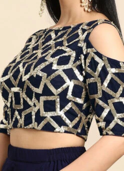 Navy Blue Sequins Net Cold Shoulder Blouse Festive Wear