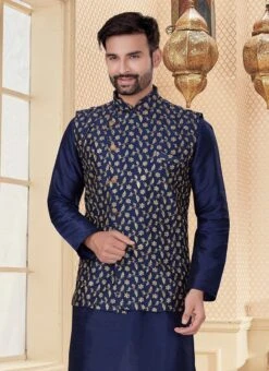 Navy Blue Silk Dupion Kurta Pyjama With Jacket Party Wear -C Bazaar Shop navy blue silk dupion kurta pyjama with jacket kpssgr1225 b