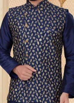 Navy Blue Silk Dupion Kurta Pyjama With Jacket Party Wear