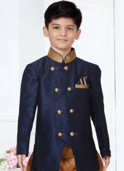 Navy Blue Silk Indowestern Sherwani Party Wear 5 Navy Blue Silk Indowestern Sherwani Party Wear -C Bazaar Shop navy blue silk indowestern sherwani kdbmsgr506 b