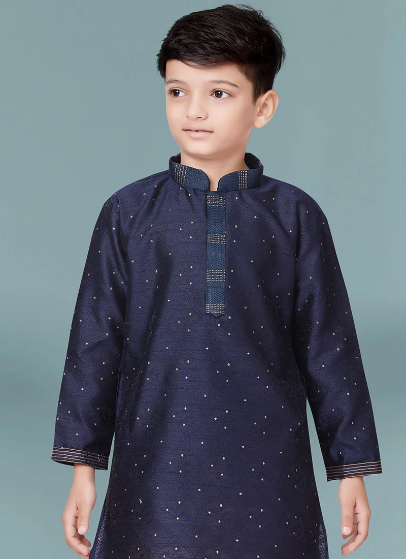 Navy Blue Silk Jacquard Kurta Pyjama Party Wear 3 Navy Blue Silk Jacquard Kurta Pyjama Party Wear - Image 3