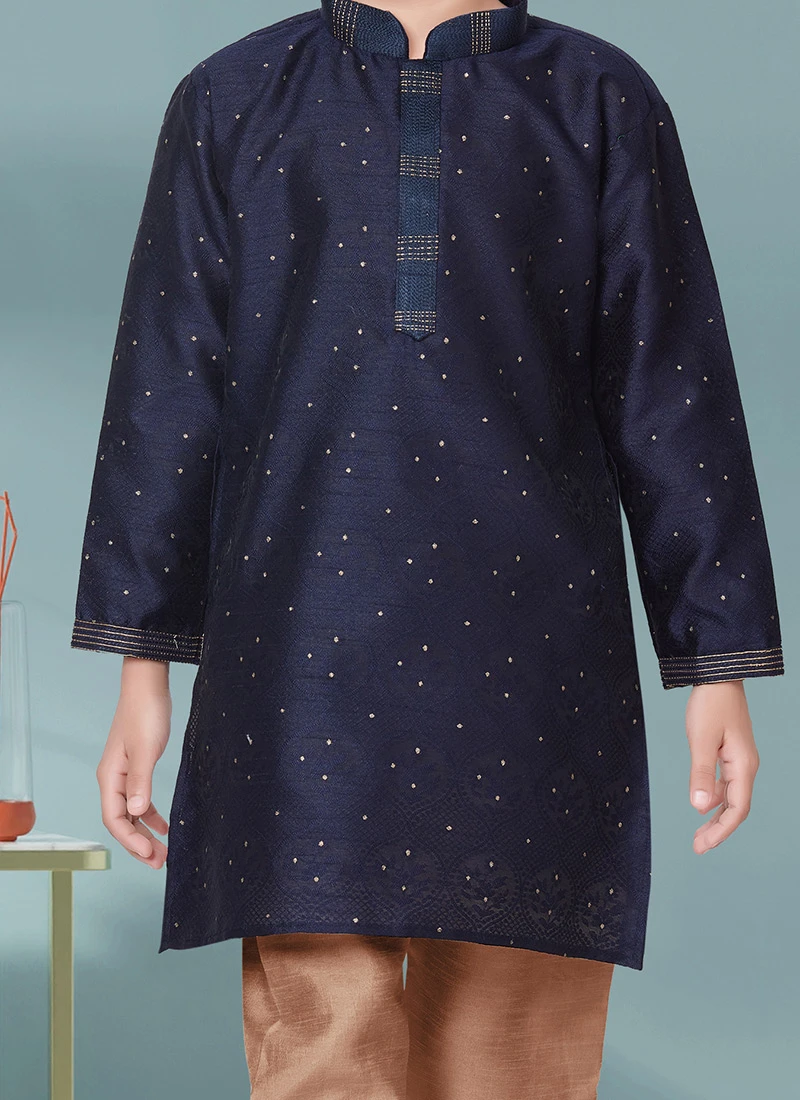 Navy Blue Silk Jacquard Kurta Pyjama Party Wear 1 Navy Blue Silk Jacquard Kurta Pyjama Party Wear