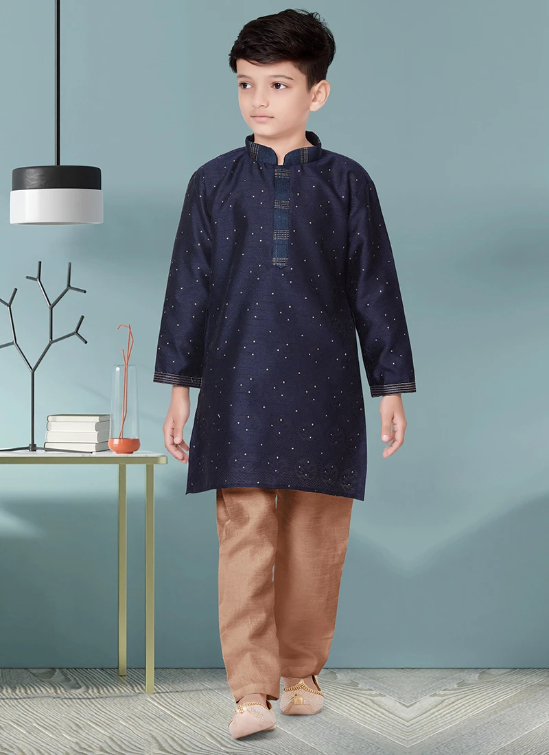 Navy Blue Silk Jacquard Kurta Pyjama Party Wear 2 Navy Blue Silk Jacquard Kurta Pyjama Party Wear - Image 2