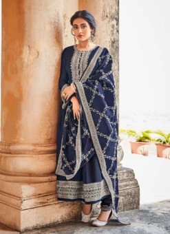 Navy Blue Soft Art Silk Embroidered N Sequins Anarkali Suit Party Wear -C Bazaar Shop navy blue soft art silk embroidered n sequins anarkali suit slsaj30261931 u